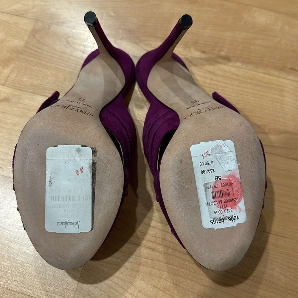 Sexy Jimmy Choo Keely suede magenta bow open toe mules heels sz 35 - Picture 6 of 11